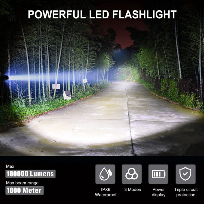 مصباح LED قوية و زوومابل مع 100000 شمعة قابلة للشحن