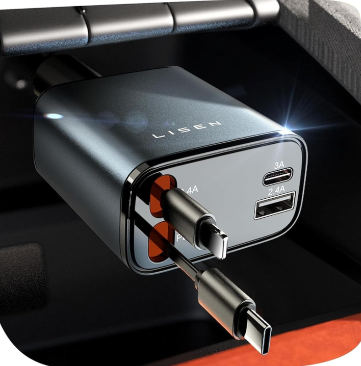 ليسين شاحن سيارة قابل للسحب [محول ملحقات سيارة USB C بقدرة 69 واط] لايفون 16 شاحن USB C سريع الشحن، هدايا اساسية السفر للنساء والرجال، اساسيات الرحلات...