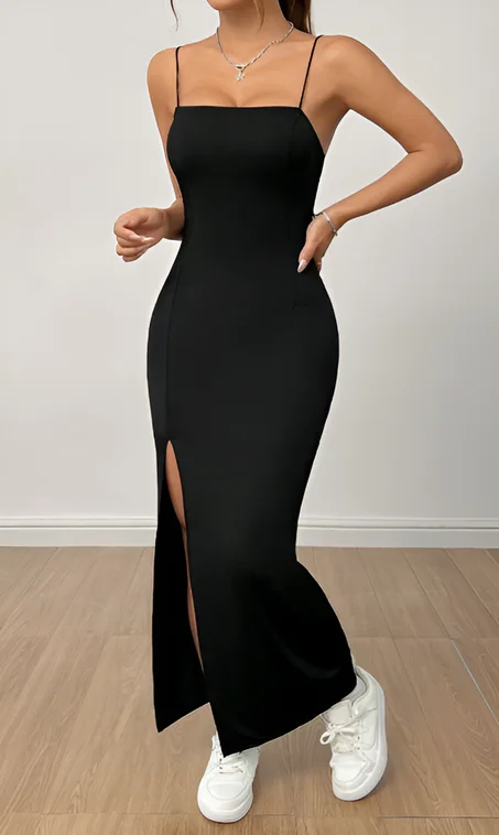 فستان  بفتحة عالية و حمالة كتف