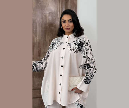 🖤 الطقم الأبيض بنقش الزهور اسود  – صناعة تركية M003