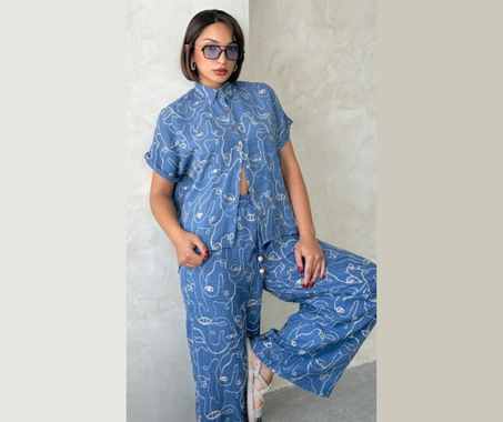 💙 طقم دنيم بطبعة فنية – %100 صناعة تركية