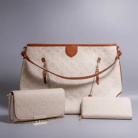 سيت حقائب ماركة (L V ) الفرنسية متكونة من (3) حقائب - باللون الابيض الكريمي
