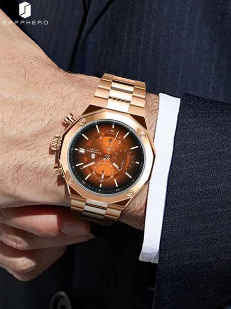 ساعة SAPPHERO باللون الذهبي الوردي للرجال ساعة كوارتز فاخرة من الفولاذ المقاوم للصدأ مقاومة للماء بتقويم مضيء