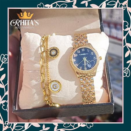 ⏳💛 ساعة CANSNOW الذهبية بميناء أسود أنيق + سوار الأحجار الراقية 💛⏳