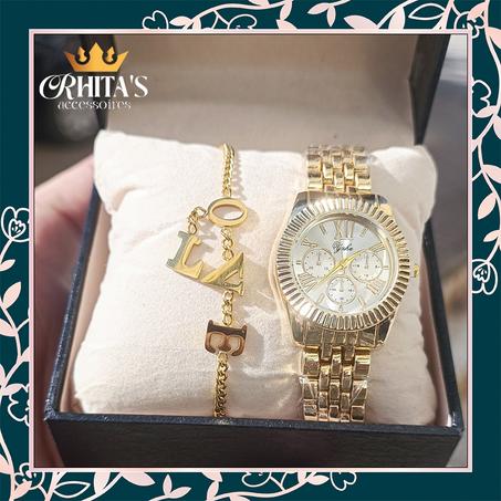 💛✨ طقم “LOVE” الذهبي – ساعة وأناقة تنطق بالحب! ✨💛