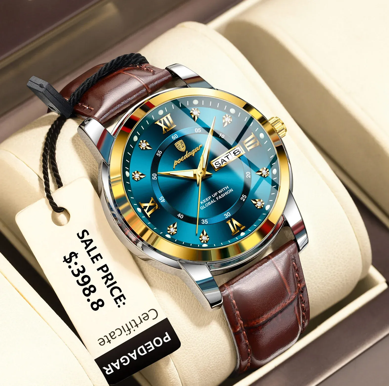 POEDAGAR 936 : ساعة رجالية فاخرة بحزام جلدي  أنيق