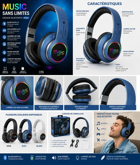 Casque Bluetooth VJ033 LED – Son Hi-Fi & Confort Premium