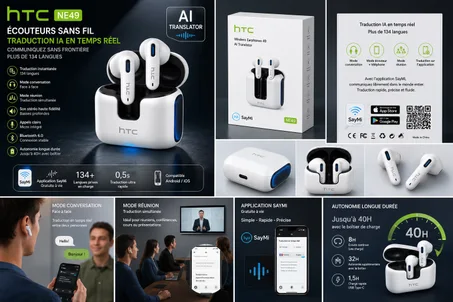 🎧 HTC NE49 AI Translator – Écouteurs Bluetooth avec Traduction IA en Temps Réel