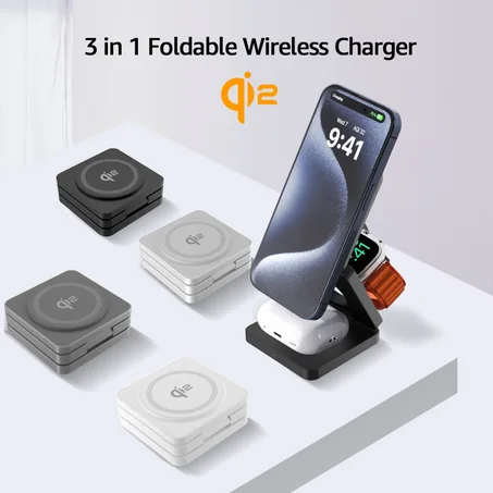 ⚡ Nouveau Chargeur Sans Fil 3 en 1 Qi2 – Pliable & MagSafe ⚡