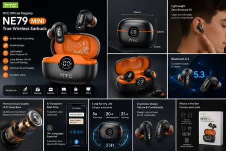 🎧 HTC NE79 MINI AI Translator – Écouteurs Bluetooth avec Traduction IA