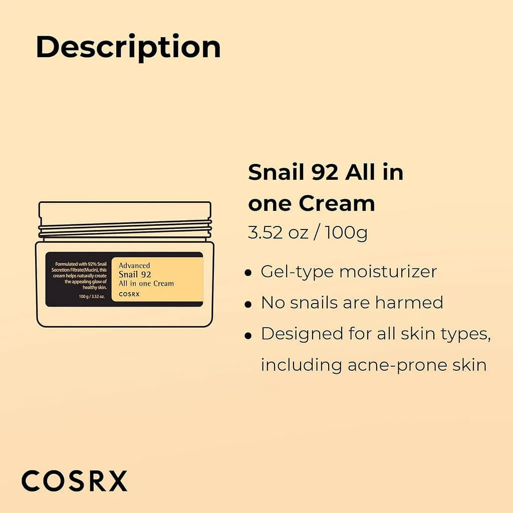 • COSRX ADVANCED SNAIL 92 ALL IN ONE CREAM - 100Gكوسركس كريم خلاصة الحلزون المطور 92 الكل في واحد