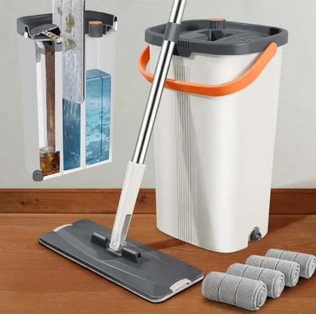 مجموعة ممسحة مسطحة ودلو مع عصا - 4 وسادات من الألياف الدقيقة قابلة للغسل وإعادة الاستخدام