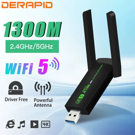 محول Wi-Fi 5 فائق السرعة (1300Mbps) مع هوائي قوي - تقنية Driver Free