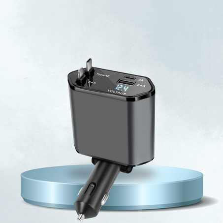 شاحن سيارة 4×1 سريع بكابلات مدمجة ومنافذ متعددة