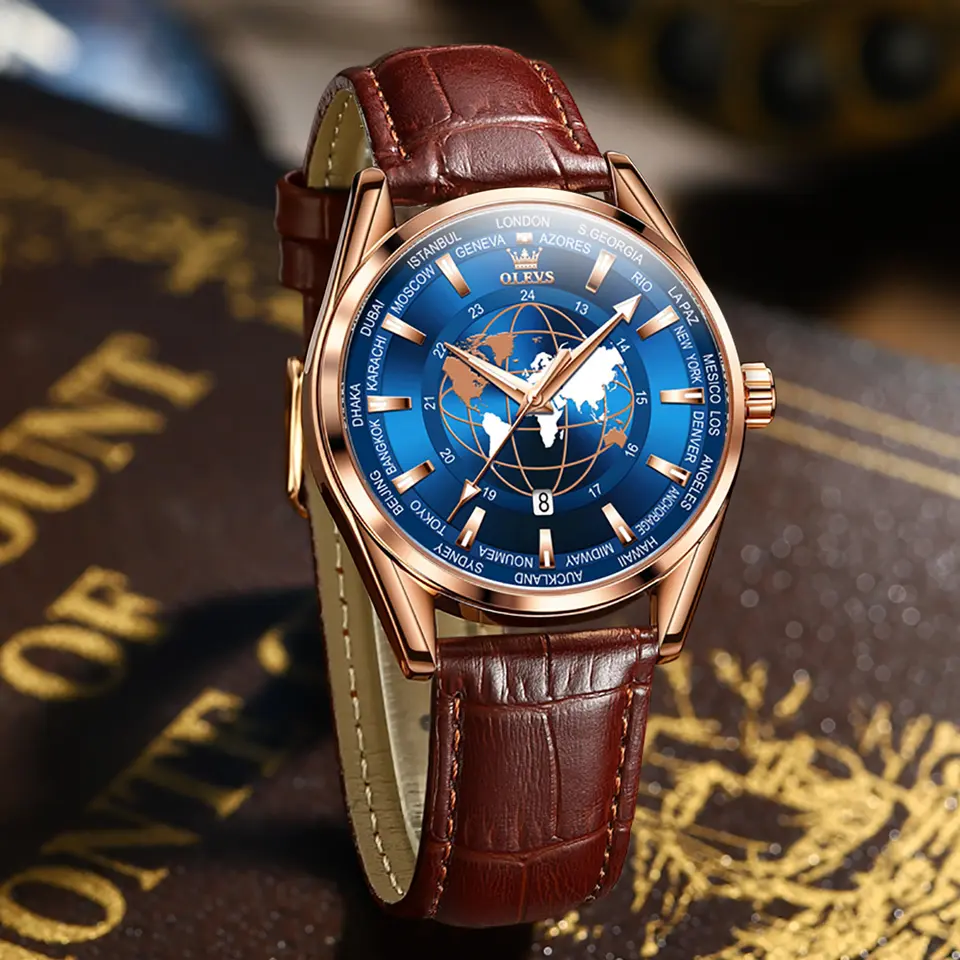 Montre Homme OLEVS – Boîtier Or 40mm, Cadran Analogique, Bracelet Cuir Brun, étanche 30m, Date, Style Business/casual