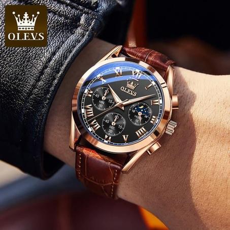 Reloj deportivo OLEVS de cuero genuino elegante y multifuncional