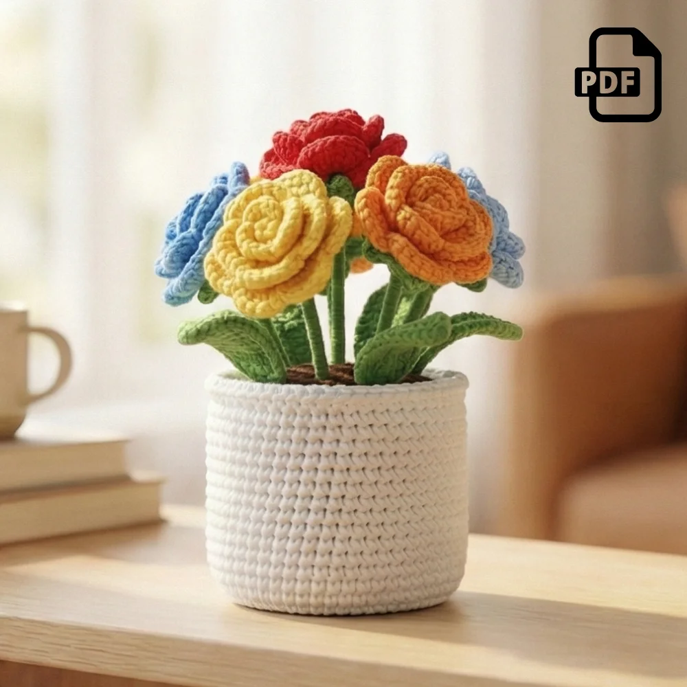 Rose Pot Bouquet Crochet Pattern PDF | Home Decor
