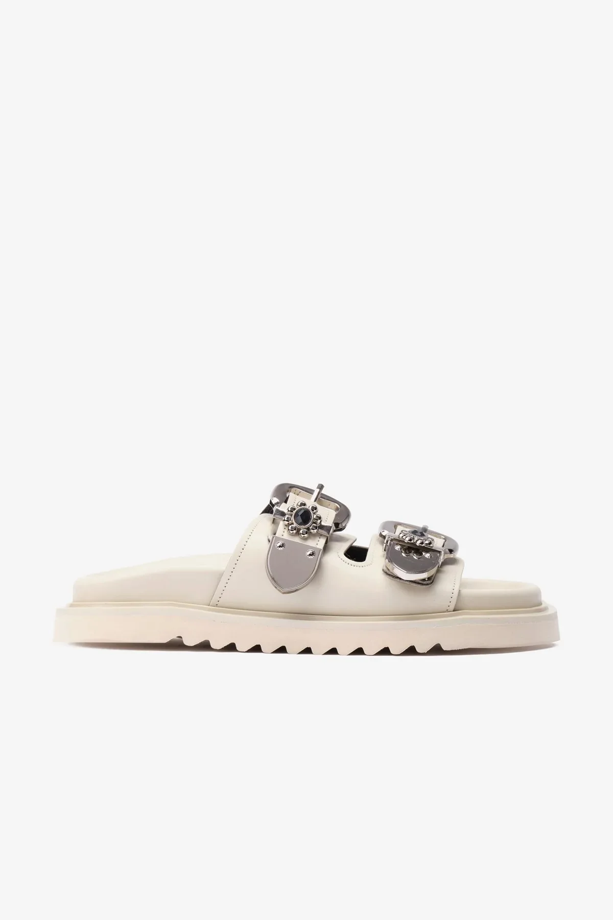 شباشب نسائية من الجلد البيج من سوليل، بحزامين سميكين مزينين