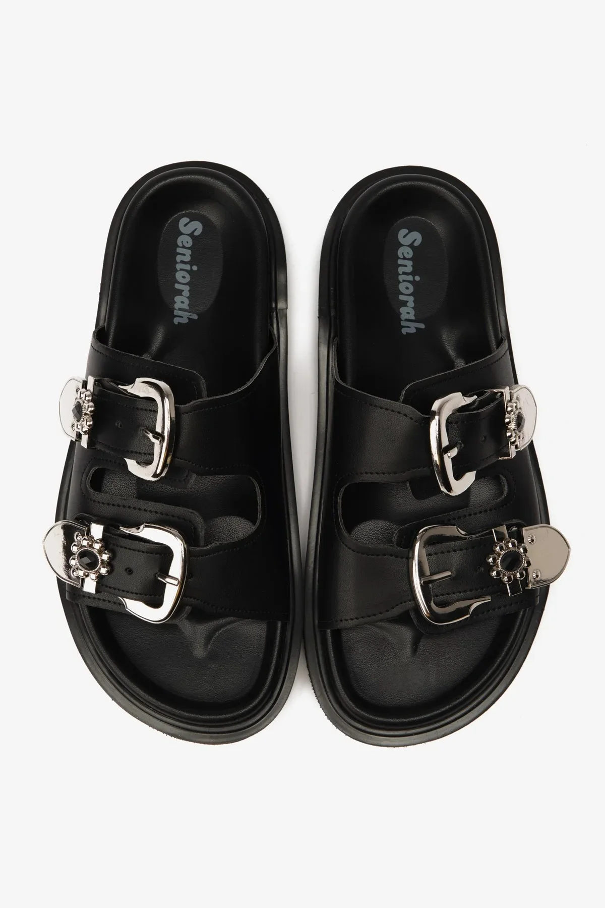 شباشب نسائية من الجلد الأسود من سوليل، بحزامين سميكين مرصعين بأحجار الراين