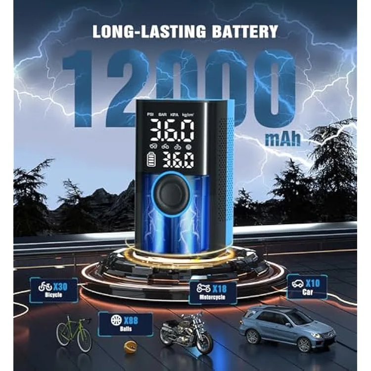 منفاخ إطارات محمول ضاغط هواء محمول مضخة هواء صغيرة لاسلكية محمولة مع مقياس ضغط رقمي 150 رطل/بوصة مربعة نفخ سريع ووظيفة إيقاف التشغيل التلقائي مضخة إطارات للسيارات والدراجات النارية والدراجات 
