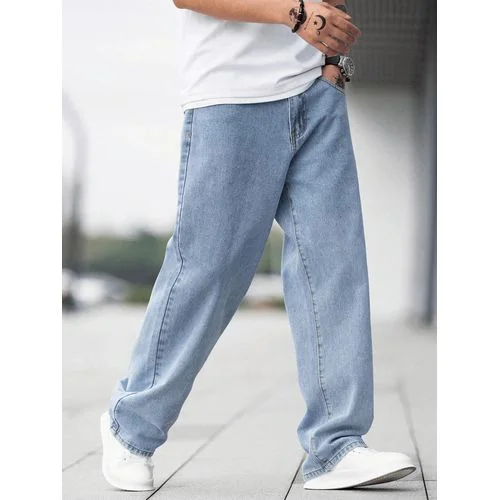 جينز شي إن أزرق فاتح، بقصة مستقيمة مريحة، 70% قطن