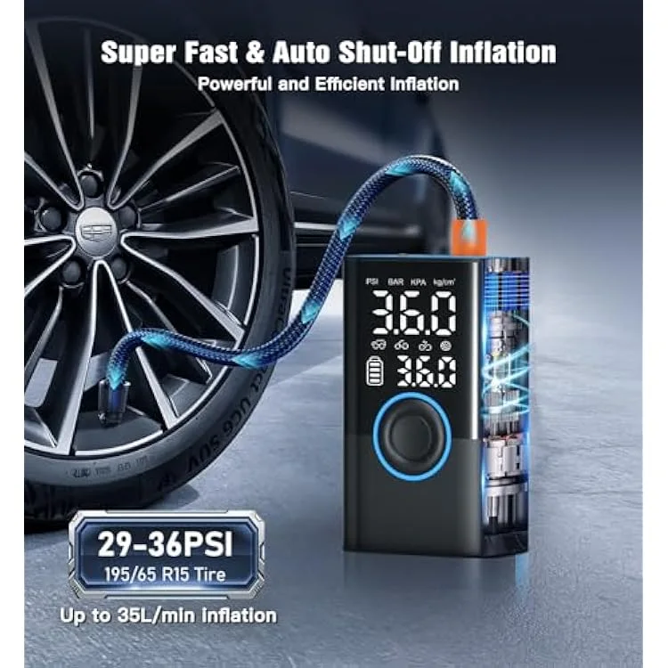 منفاخ إطارات محمول ضاغط هواء محمول مضخة هواء صغيرة لاسلكية محمولة مع مقياس ضغط رقمي 150 رطل/بوصة مربعة نفخ سريع ووظيفة إيقاف التشغيل التلقائي مضخة إطارات للسيارات والدراجات النارية والدراجات 