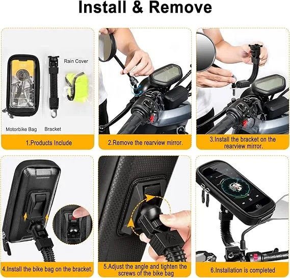 حامل هاتف مقاوم للماء للدراجة، حامل هاتف بشاشة لمس للدراجة، حقيبة هاتف محمول عالمية مقاومة للماء، حامل هاتف قابل للدوران 360 درجة للدراجات النارية والسكوتر والدراجات الرباعية والدراجات الجبلي