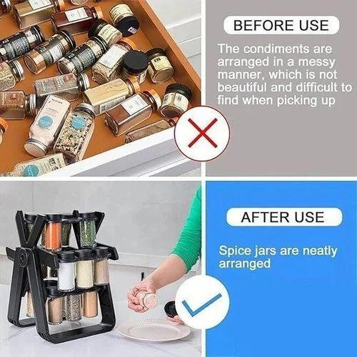 رف دوار للتوابل في المطبخ للتعليق مع 18 برطمان توابل من الزجاج، زجاجة توابل عملية لسطح مطبخ