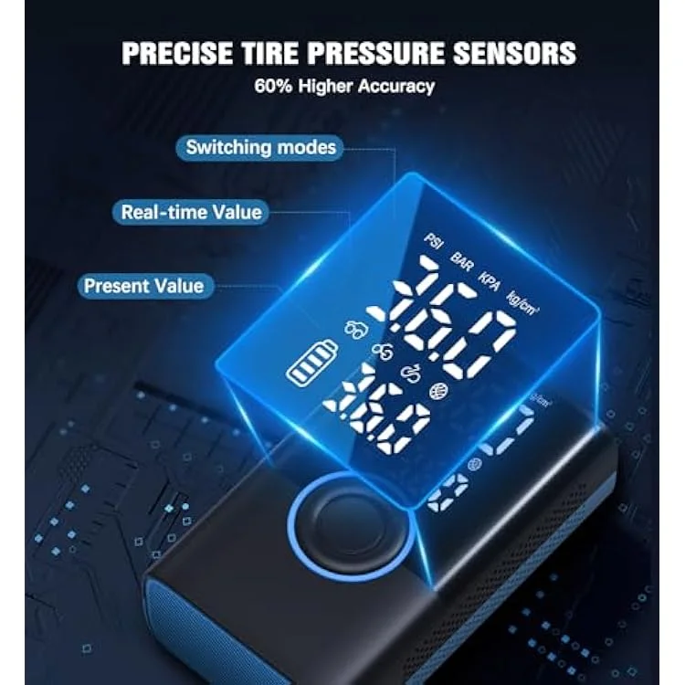 منفاخ إطارات محمول ضاغط هواء محمول مضخة هواء صغيرة لاسلكية محمولة مع مقياس ضغط رقمي 150 رطل/بوصة مربعة نفخ سريع ووظيفة إيقاف التشغيل التلقائي مضخة إطارات للسيارات والدراجات النارية والدراجات 