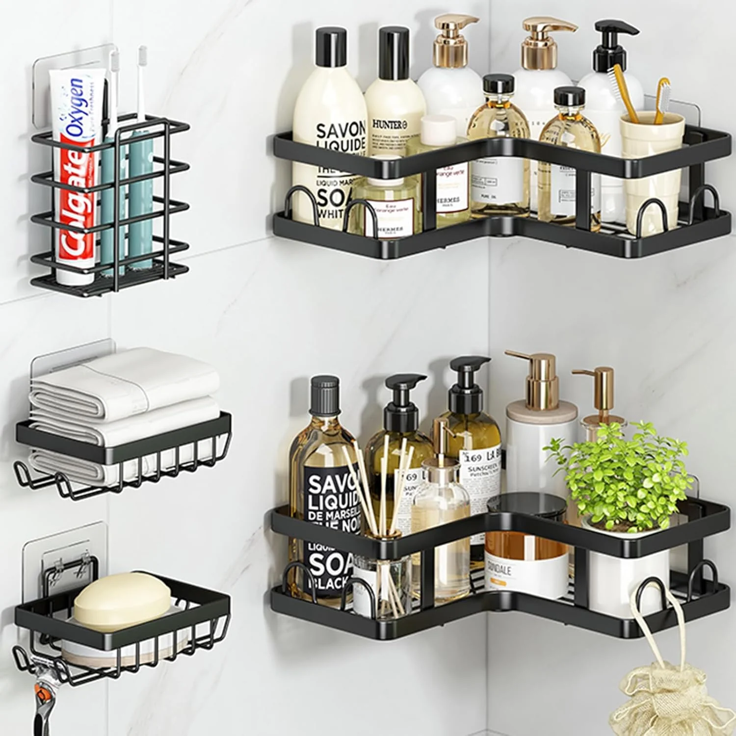 رف توابل للحمام/الدش، عبوة من 5 أرفف، منظم تخزين للحمام والمطبخ (متين للغاية)
