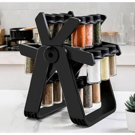 رف دوار للتوابل في المطبخ للتعليق مع 18 برطمان توابل من الزجاج، زجاجة توابل عملية لسطح مطبخ