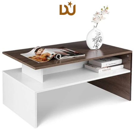 Table basse moderne en bois blanc et marron avec étagère. 90cm/54cm/42cm.