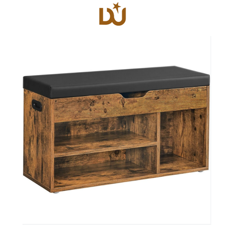 Banc à chaussures, Meuble d’entrée, rembourrée, 3 compartiments et 1 coffre. 80cm/44cm/30cm.
