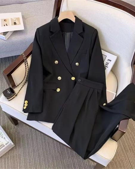 Ensemble Costume Noir Double-boutonnage avec Boutons Dorés et Pantalon