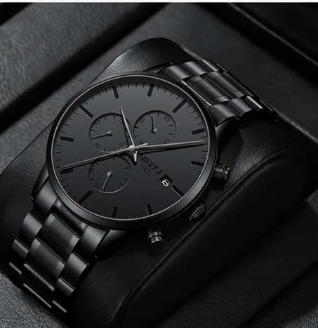 ساعة يد رجالي تناظرية بعقارب ومينا أسود وبتصميم بسيط، كرونوغراف عسكرية كاجوال بسوار من الفولاذ المقاوم للصدأ وميزة عرض التاريخ للعمل نيبوسي