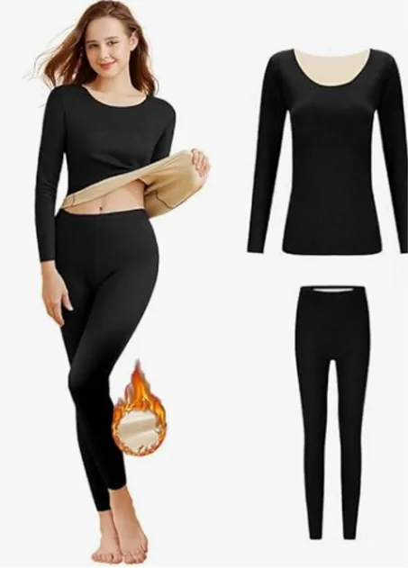 طقم ملابس داخلية حرارية طويلة ناعمة للنساء، مع طبقة أساسية مبطنة بالصوف بأكمام طويلة مكون من بلوزة وسروال، طقم شتوي للطقس البارد من إكس كيموس