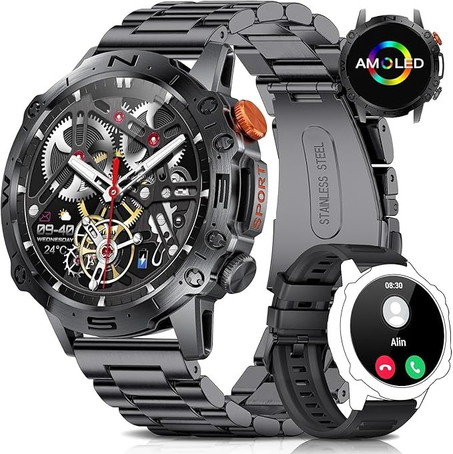 ساعة ذكية AMOLED للرجال 1.43 بوصة من تدزديس رد/إجراء مكالمات|أكثر من 100 وضع رياضي|متتبع لياقة بدنية|مقاومة ماء/غبار IP68|سوار مزدوج|توافق مع اندرويد/iOS مراقبة خطوات/سعرات حرارية/تشبع أكسجين