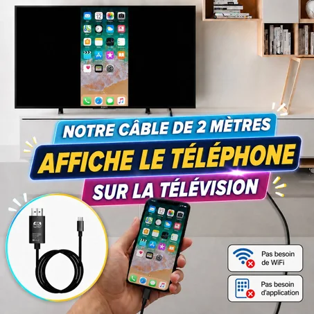 Câble HDMI pour téléphone - Branchez et utilisez immédiatement - Sans application - Sans WIFI - Longueur 2 mètres - Garantie