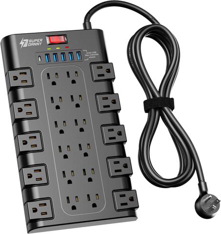 SUPERDANNY - Protector de sobretensiones con 22 salidas de CA y 6 puertos de carga USB, 1875 W/15 A, 2100 julios, cable de extensión de enchufe plano de 6.5