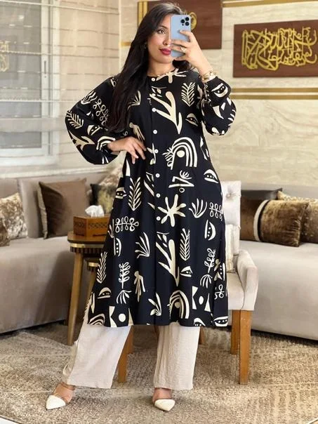 طقم أنيق ومريح – قميص طويل + سروال واسع