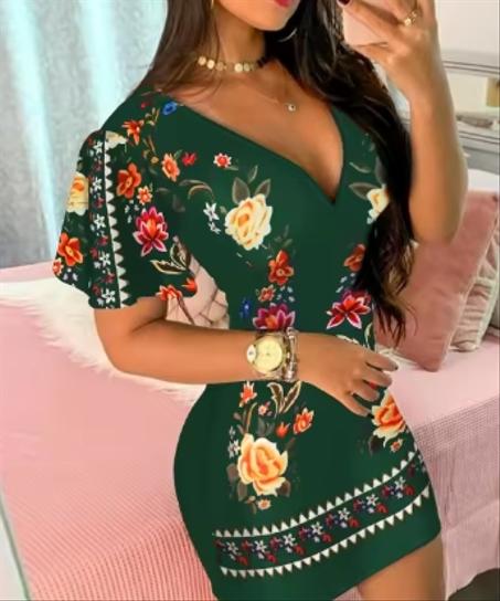 CommConsulFemale - فستان مطبوع بياقة على شكل V للنساء، بأكمام قصيرة، فساتين ضيقة غير رسمية، طابع أنثوي، ملابس نسائية، موضة جديدة.