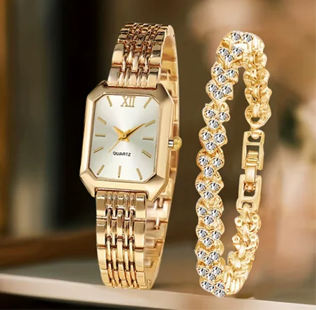 طقم سوار ساعة كوارتز مستطيلة أنيقة مكون من قطعتين، مرصعة بأحجار الراين، ساعة يد نسائية بمينا روماني، ساعة يد للبنات، هدية مثالية