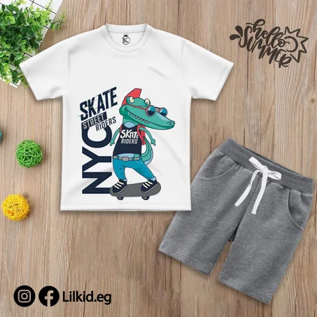 طقم نصف كم ابيض ديناصور