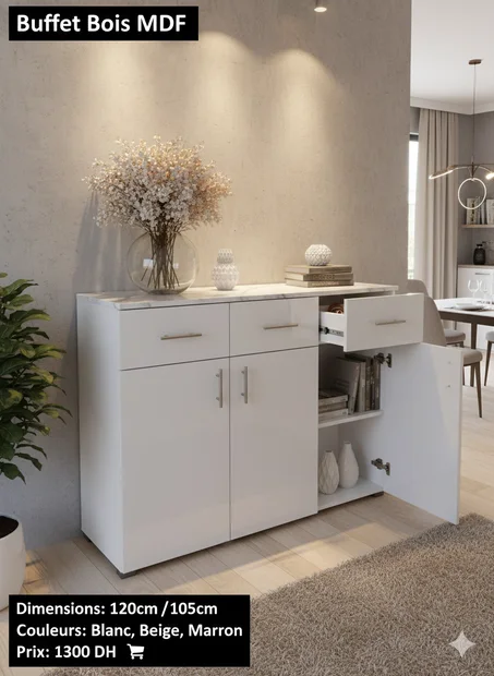 buffet mdf 120cm/105cm خشبي أنيق بتصميم عصري ومساحات تخزين عملية  (blanche :baige:marou)