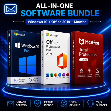 Windows 10 +Office 2019 + McAfee All-in-One Software Bundle