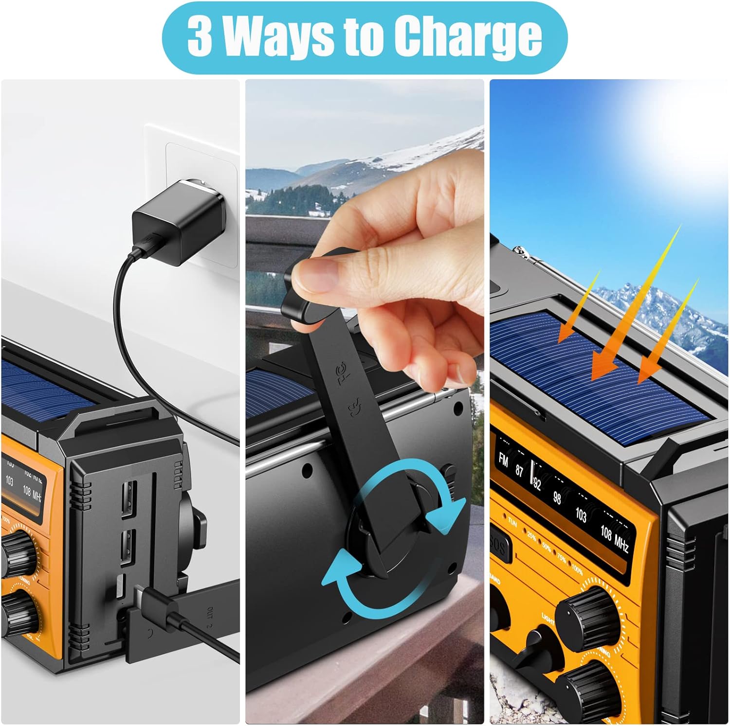 Radio Solaire d’Urgence 8000mAh avec Lampe LED, SOS, Charge Téléphone