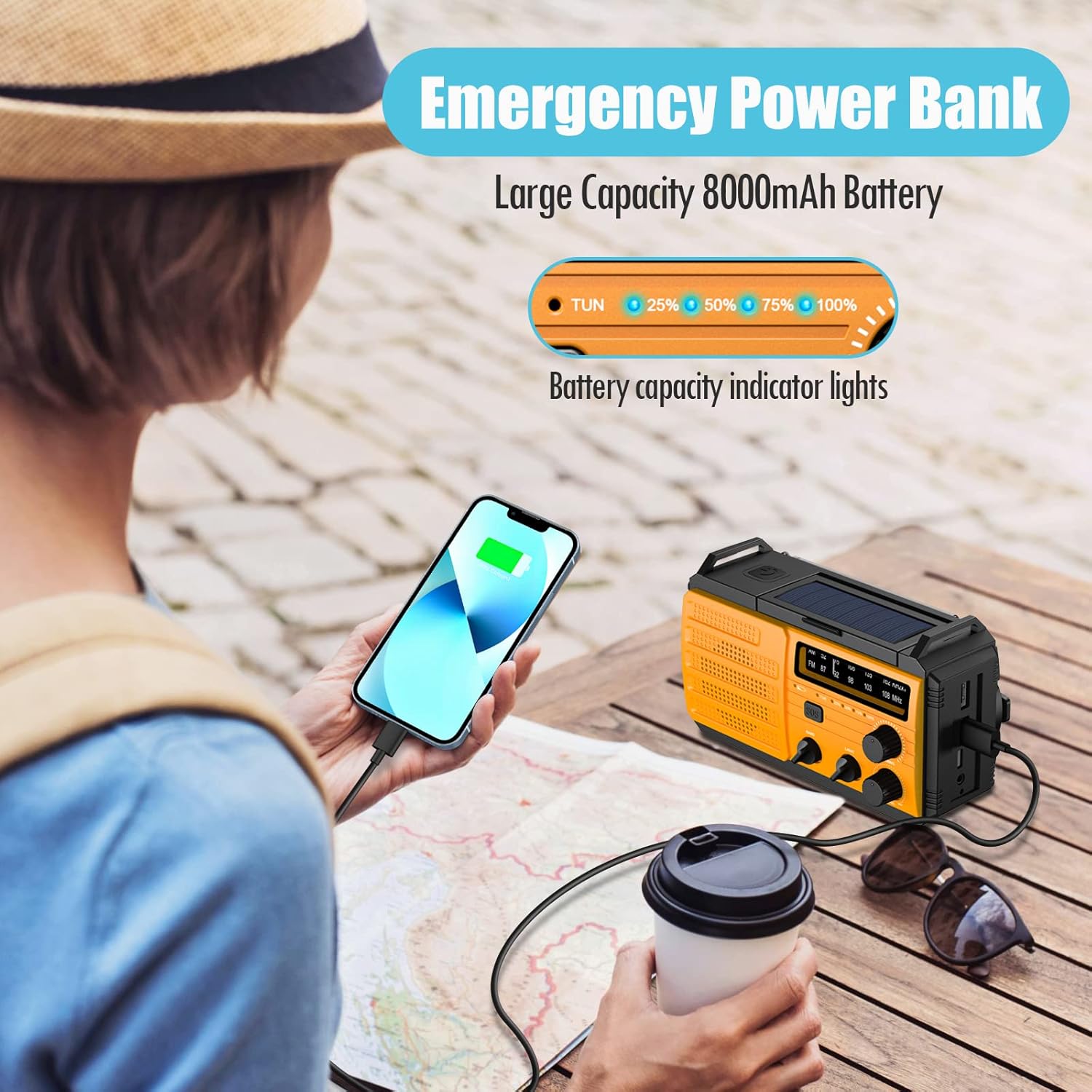 Radio Solaire d’Urgence 8000mAh avec Lampe LED, SOS, Charge Téléphone