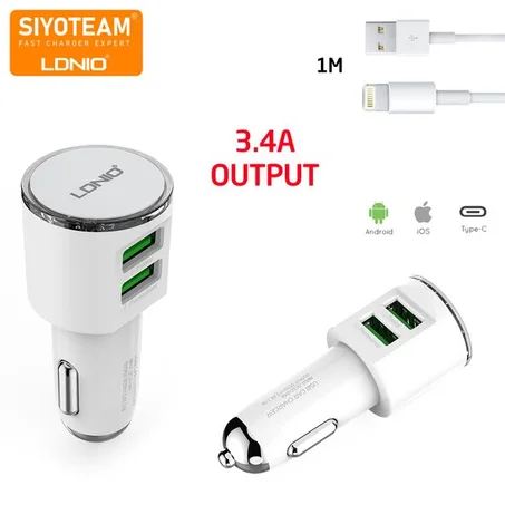 شاحن سيارة مع منفذين مع كابل متين أصلي من شركة ألدنيو SIYOTEAM LDNIO USB Chargeur Voiture 2 Entrées USB Fast Charge 3.4A C29