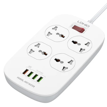 مقبس رباعي للطاقة مع 4 منافذ USB مع ميزة الشحن السريع مناسبة لشحن المعدات والمنتجات الالكترونية SIYOTEAM LDNIO Power Socket With 4 USB SC4407