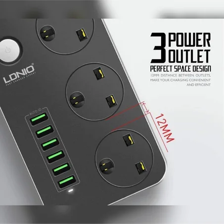مقبس ثلاثي للطاقة مع 6 منافذ USB مع ميزة الشحن السريع مناسبة لشحن المعدات والمنتجات الالكترونية 3Power Socket 6 USB LDNIO SC3604